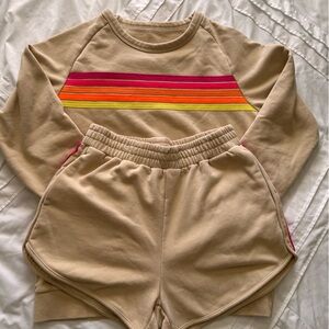 Tan Sweatshirt and Shorts Set with Rainbow Stripes